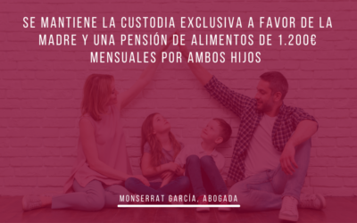 Custodia exclusiva a favor de la madre y 1.200€ de pensión de alimentos por ambos hijos