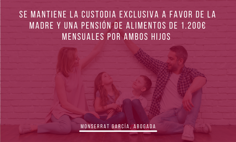Custodia exclusiva a favor de la madre y 1.200€ de pensión de alimentos por ambos hijos