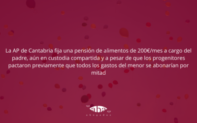 La AP de Cantabria fija una pensión de alimentos de 200€/mes a cargo del padre, aún en custodia compartida y a pesar de que los progenitores pactaron previamente que todos los gastos del menor se abonarían por mitad